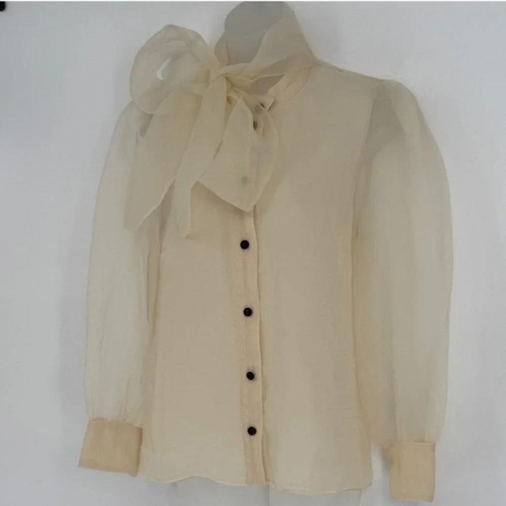 Zara Organza Bow Blouse Cream Sheer Button Front Top L Soft Femininity 102-08
